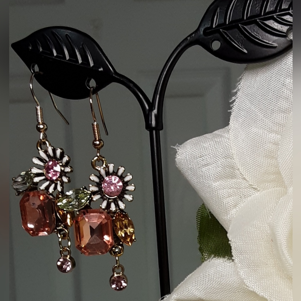 Handmmade Crystal Earrings Pink Green